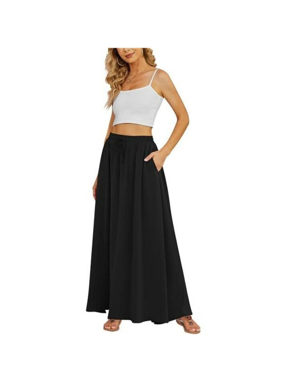 Womens High Waist Pleated Maxi Skirt Flowy Long Chiffon Skirt with Pockets